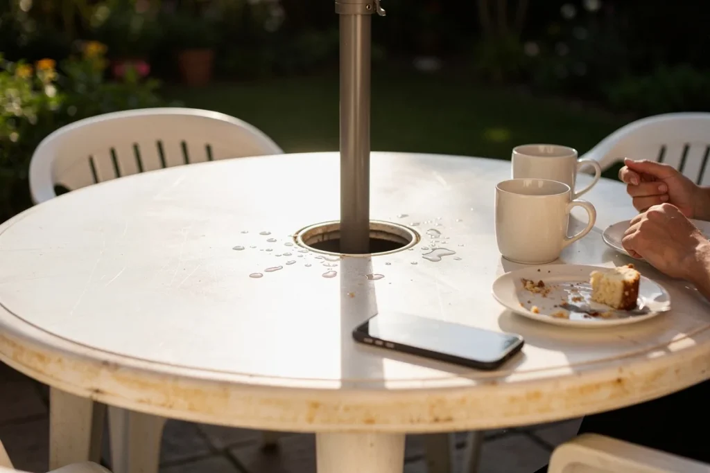 Do czego służy otwór na środku plastikowych stołów ogrodowych